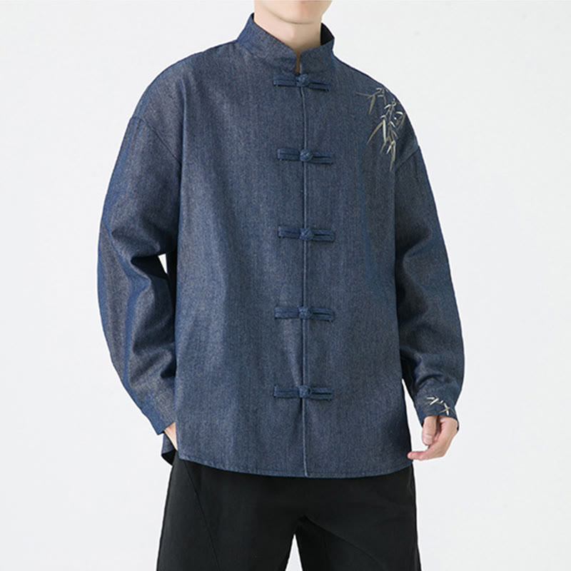 Mythstone Bamboo Leaves Design Frog-button Tang Suit Cotton Men's Jacket Shirt