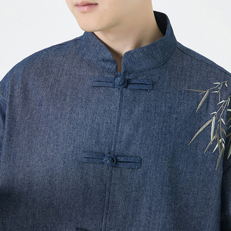 Mythstone Bamboo Leaves Design Frog-button Tang Suit Cotton Men's Jacket Shirt