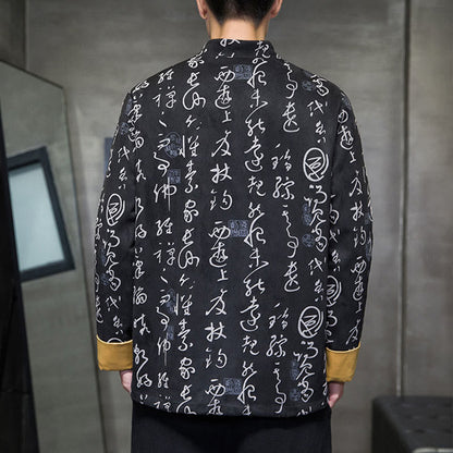 Traje Tang con botones de rana para hombre de Mythstone, chaqueta de piel de ciervo de poliéster con estampado de caligrafía china y bolsillos 