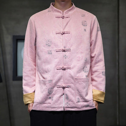 Traje Tang con botones de rana para hombre de Mythstone, chaqueta de piel de ciervo de poliéster con estampado de caligrafía china y bolsillos 