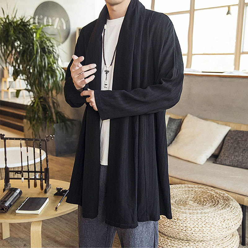 Mythstone Fall Simple Casual Loose Plain Linen Blend Men's Mid-length Coat Clothing