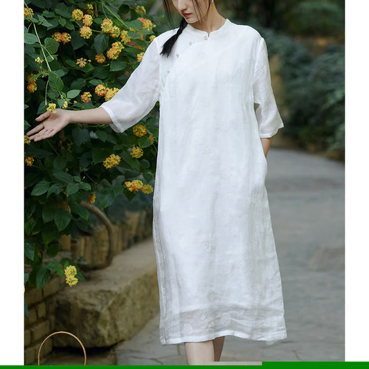 Mythstone Dandelion Flower Embroidery Half Sleeve Ramie Linen Chinese Cheongsam Midi Dress With Pockets