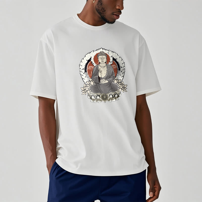 Mythstone Meditating Buddha Sitting With Lotus Pattern Tee T-shirt