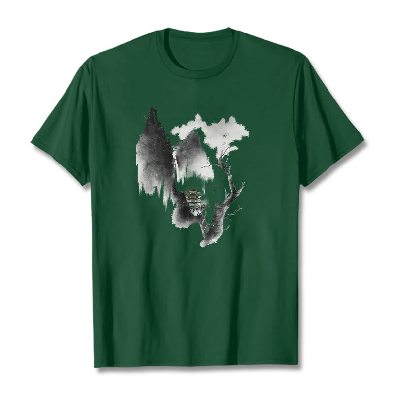 Mythstone Pavilion Tree Geese Around The Mountains Pattern Tee T-shirt