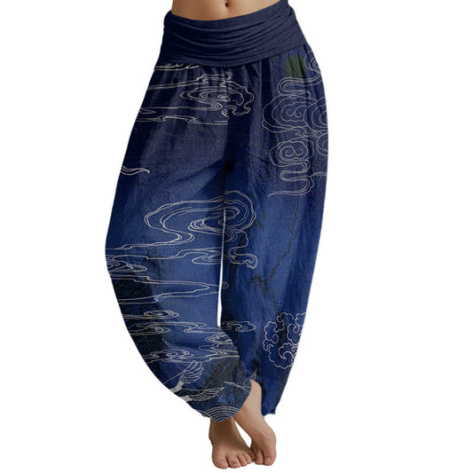 Mythstone White Auspicious Clouds Birds Tree Pattern Women's Elastic Waist Harem Pants