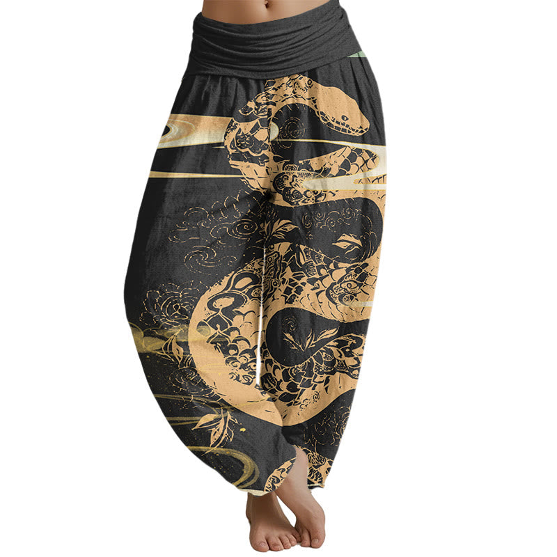 Mythstone Auspicious Clouds With Snake Pattern Women's Elastic Waist Harem Pants