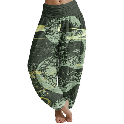 Mythstone Auspicious Clouds With Snake Pattern Women's Elastic Waist Harem Pants