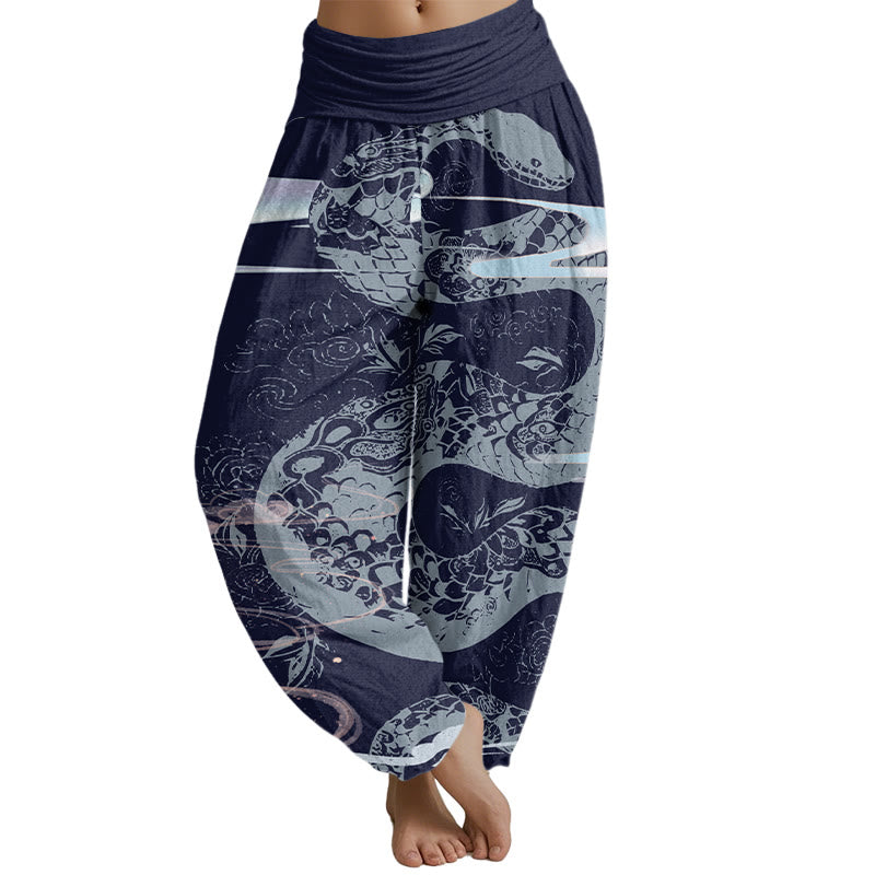 Mythstone Auspicious Clouds With Snake Pattern Women's Elastic Waist Harem Pants