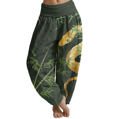 Pantalones harén con cintura elástica para mujer con estampado de serpiente y bambú alrededor de Mythstone 