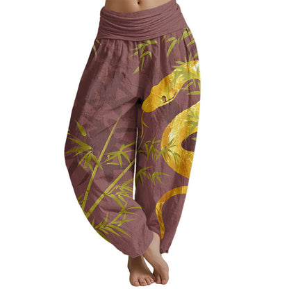 Pantalones harén con cintura elástica para mujer con estampado de serpiente y bambú alrededor de Mythstone 