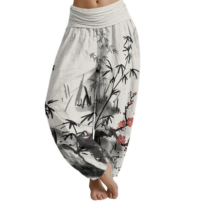 Pantalones harén con cintura elástica para mujer con estampado de orquídeas, crisantemos y flores de ciruelo de Mythstone 