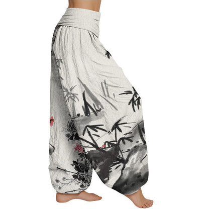 Pantalones harén con cintura elástica para mujer con estampado de orquídeas, crisantemos y flores de ciruelo de Mythstone 