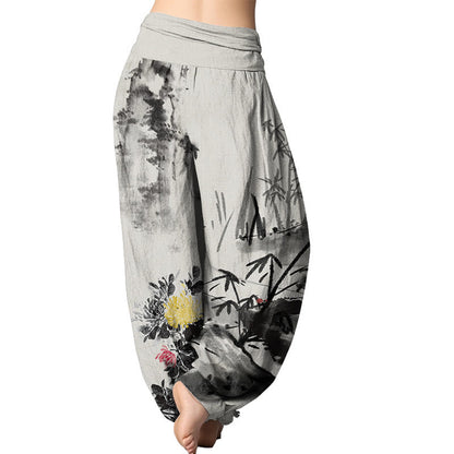 Pantalones harén con cintura elástica para mujer con estampado de orquídeas, crisantemos y flores de ciruelo de Mythstone 