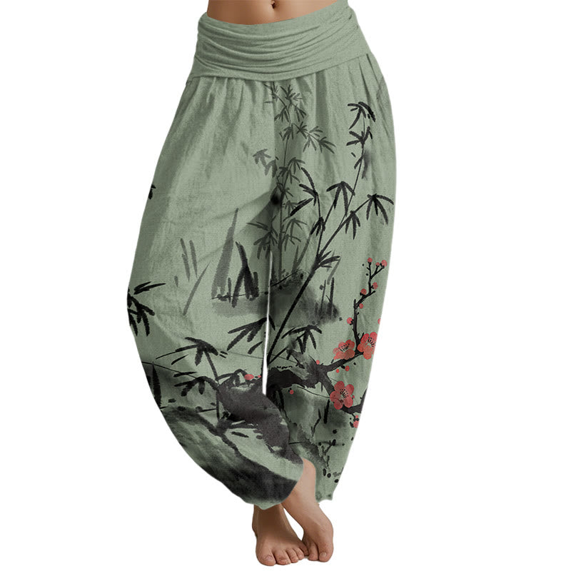 Pantalones harén con cintura elástica para mujer con estampado de orquídeas, crisantemos y flores de ciruelo de Mythstone 