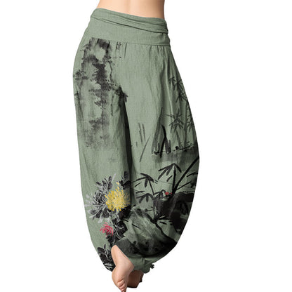 Pantalones harén con cintura elástica para mujer con estampado de orquídeas, crisantemos y flores de ciruelo de Mythstone 