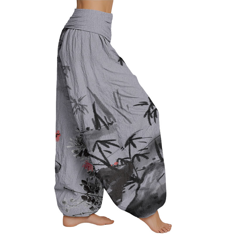 Pantalones harén con cintura elástica para mujer con estampado de orquídeas, crisantemos y flores de ciruelo de Mythstone 