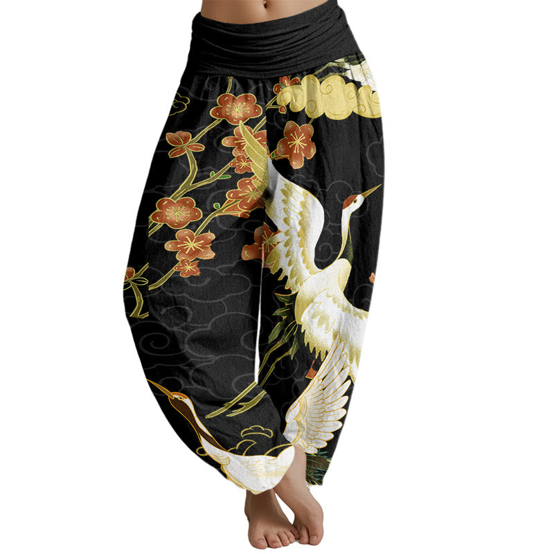 Mythstone Cranes Flowers Auspicious Clouds pattern Women's Elastic Waist Harem Pants