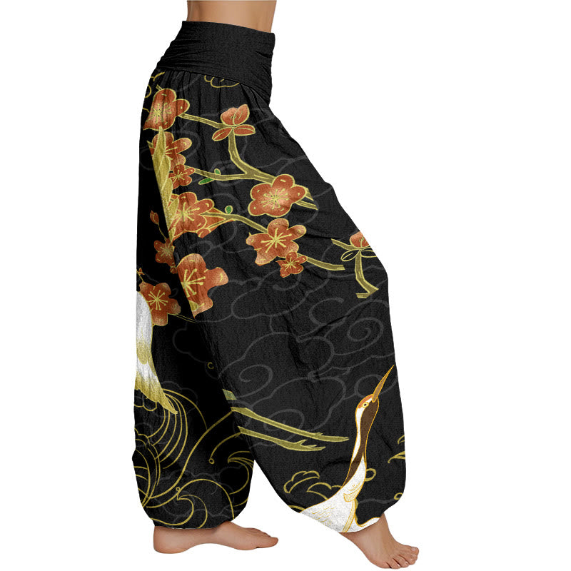 Mythstone Cranes Flowers Auspicious Clouds pattern Women's Elastic Waist Harem Pants