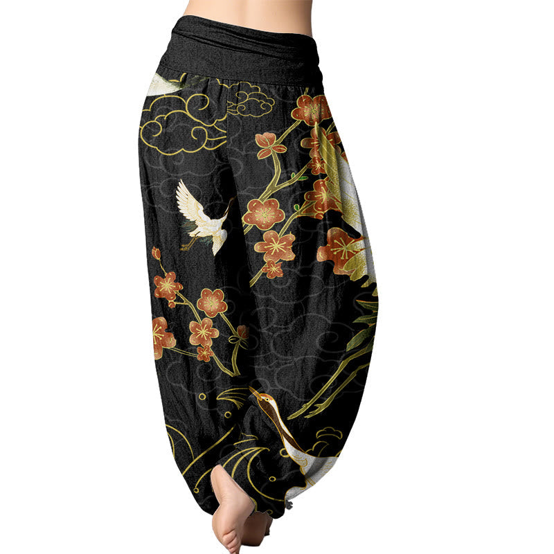 Mythstone Cranes Flowers Auspicious Clouds pattern Women's Elastic Waist Harem Pants