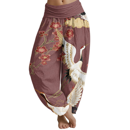 Mythstone Cranes Flowers Auspicious Clouds pattern Women's Elastic Waist Harem Pants