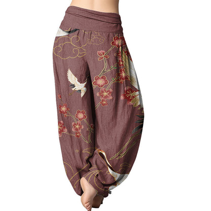 Mythstone Cranes Flowers Auspicious Clouds pattern Women's Elastic Waist Harem Pants