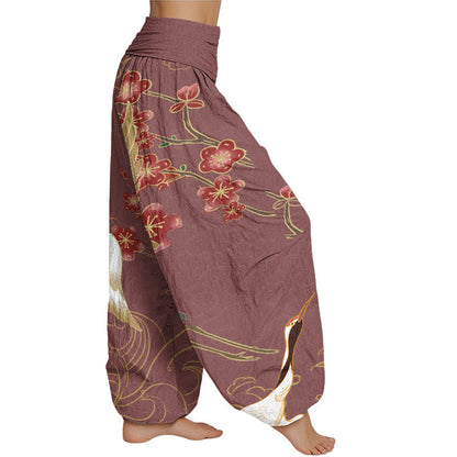 Mythstone Cranes Flowers Auspicious Clouds pattern Women's Elastic Waist Harem Pants