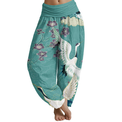 Mythstone Cranes Flowers Auspicious Clouds pattern Women's Elastic Waist Harem Pants