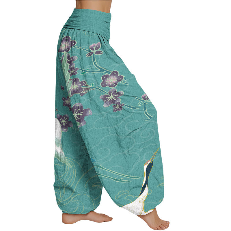 Mythstone Cranes Flowers Auspicious Clouds pattern Women's Elastic Waist Harem Pants