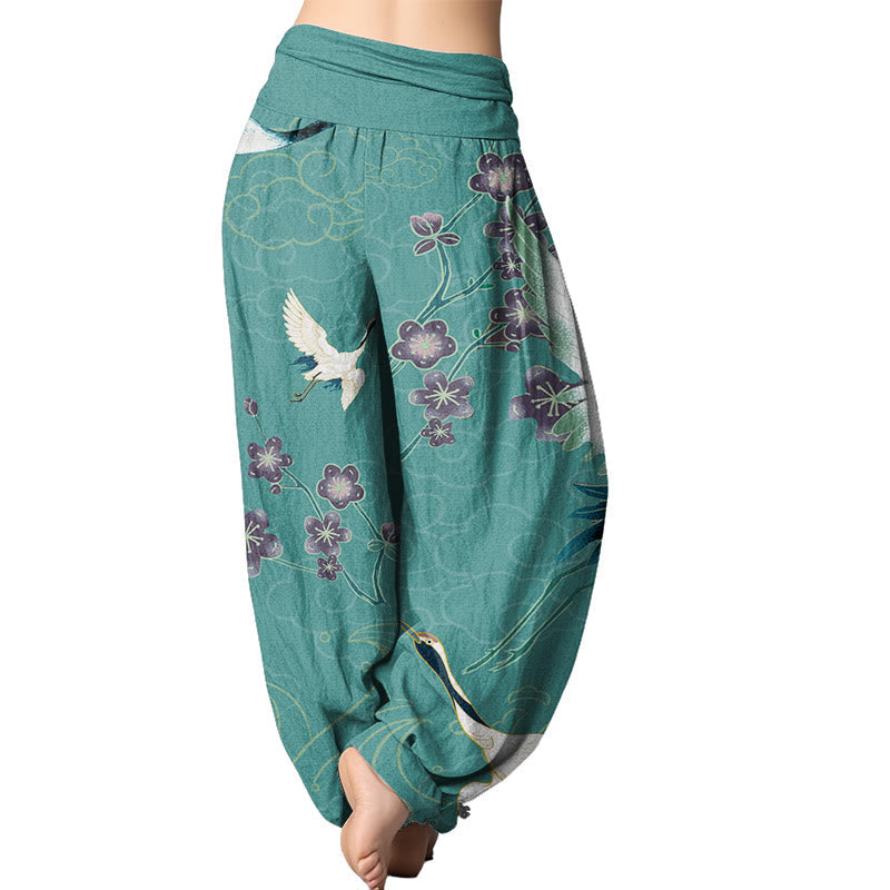 Mythstone Cranes Flowers Auspicious Clouds pattern Women's Elastic Waist Harem Pants