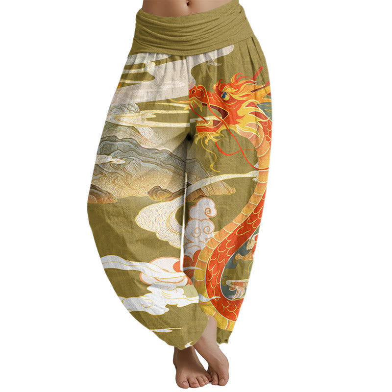 Mythstone Dragons Auspicious Clouds pattern Women's Elastic Waist Harem Pants