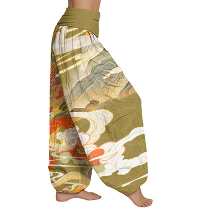 Mythstone Dragons Auspicious Clouds pattern Women's Elastic Waist Harem Pants