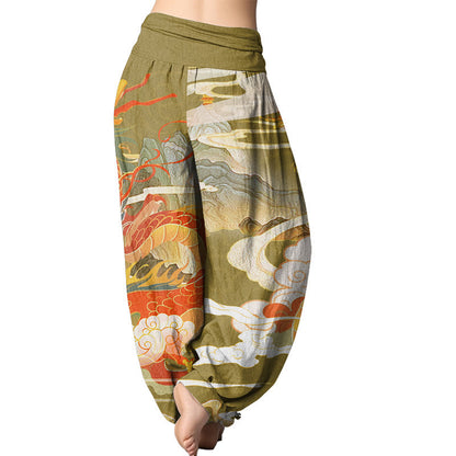 Mythstone Dragons Auspicious Clouds pattern Women's Elastic Waist Harem Pants