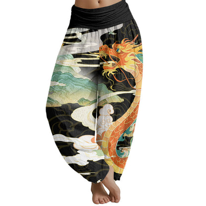 Mythstone Dragons Auspicious Clouds pattern Women's Elastic Waist Harem Pants