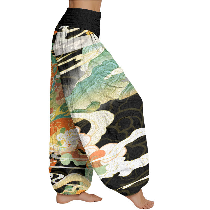 Mythstone Dragons Auspicious Clouds pattern Women's Elastic Waist Harem Pants