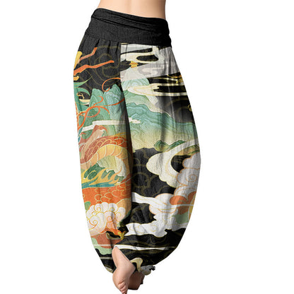 Mythstone Dragons Auspicious Clouds pattern Women's Elastic Waist Harem Pants