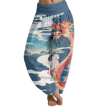 Mythstone Dragons Auspicious Clouds pattern Women's Elastic Waist Harem Pants