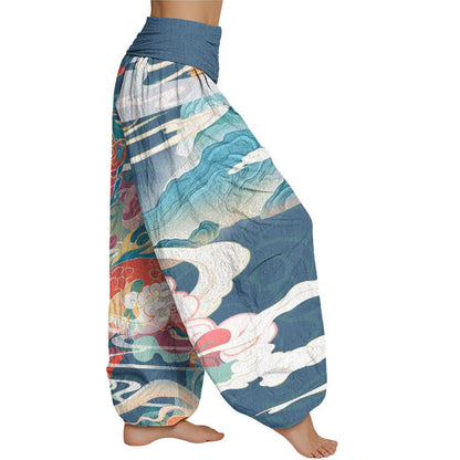 Mythstone Dragons Auspicious Clouds pattern Women's Elastic Waist Harem Pants