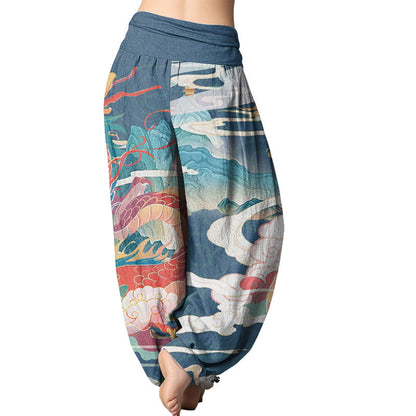 Mythstone Dragons Auspicious Clouds pattern Women's Elastic Waist Harem Pants