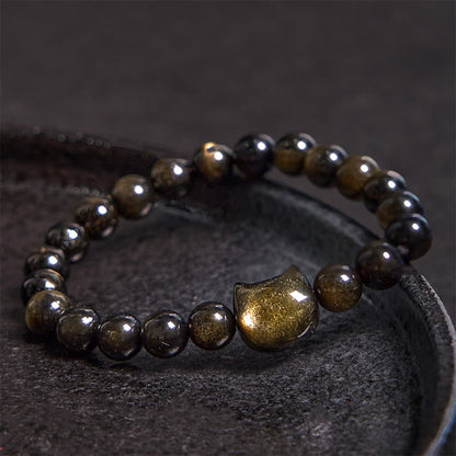 Mythstone Gold Sheen Obsidian Silver Sheen Obsidian Lovely Paw Lucky Cat Protection Bracelet