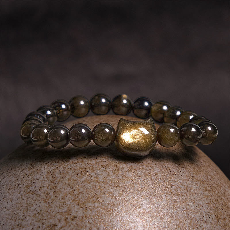 Mythstone Gold Sheen Obsidian Silver Sheen Obsidian Lovely Paw Lucky Cat Protection Bracelet