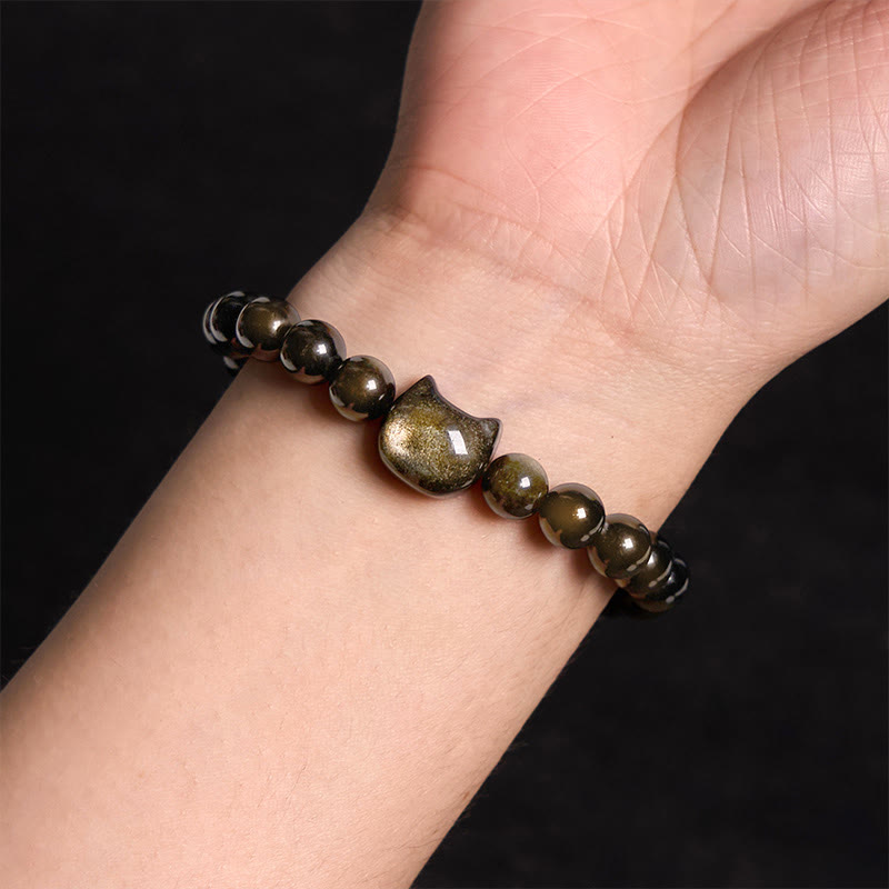 Mythstone Gold Sheen Obsidian Silver Sheen Obsidian Lovely Paw Lucky Cat Protection Bracelet