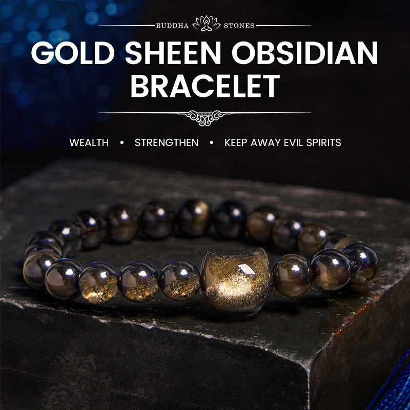 Mythstone Gold Sheen Obsidian Silver Sheen Obsidian Lovely Paw Lucky Cat Protection Bracelet