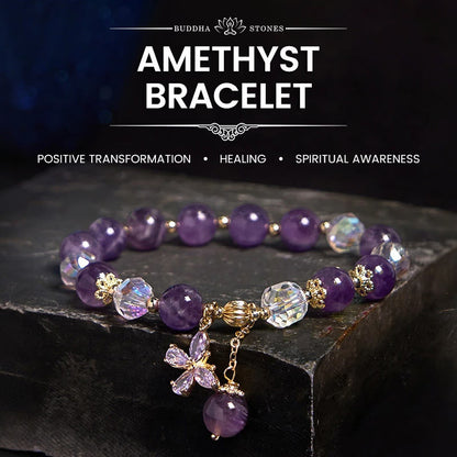 Mythstone Natural Amethyst Crystal Spiritual Butterfly Charm Bracelet