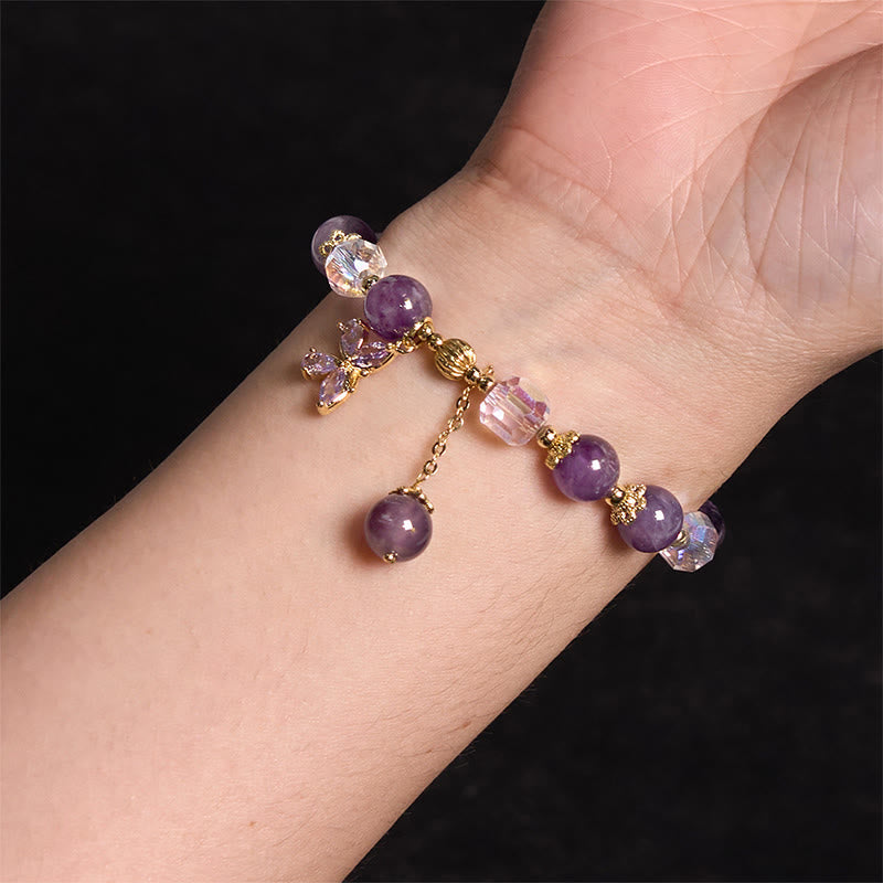 Mythstone Natural Amethyst Crystal Spiritual Butterfly Charm Bracelet