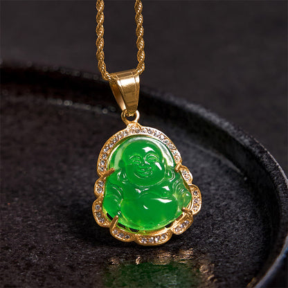 Mythstone 18K Gold Filled Laughing Buddha Jade Luck Necklace Chain Pendant