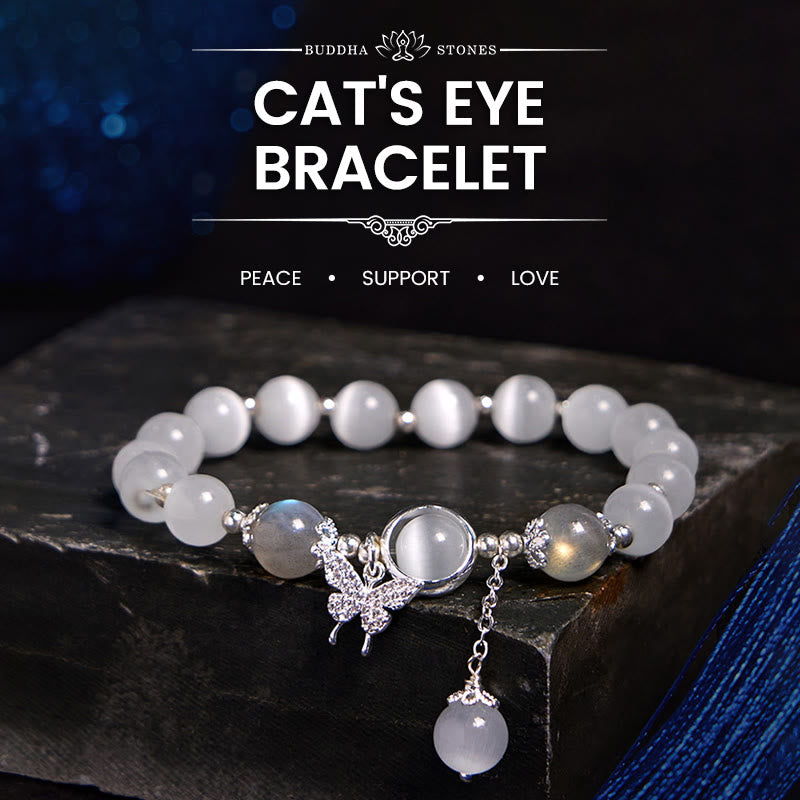 Pulsera de soporte con dije de estrella y mariposa con piedra lunar y ojo de gato de Mythstone