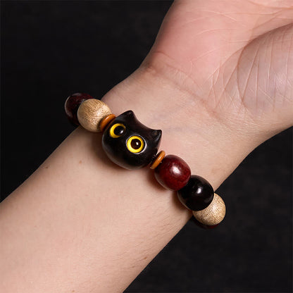 Mythstone Small Leaf Red Sandalwood Ebony Wood Cute Cat Engraved Protection Bracelet