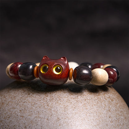 Mythstone Small Leaf Red Sandalwood Ebony Wood Cute Cat Engraved Protection Bracelet