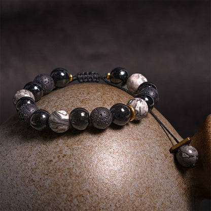 Mythstone Black Obsidian Lava Rock Stone Yin Yang Strength Bracelet