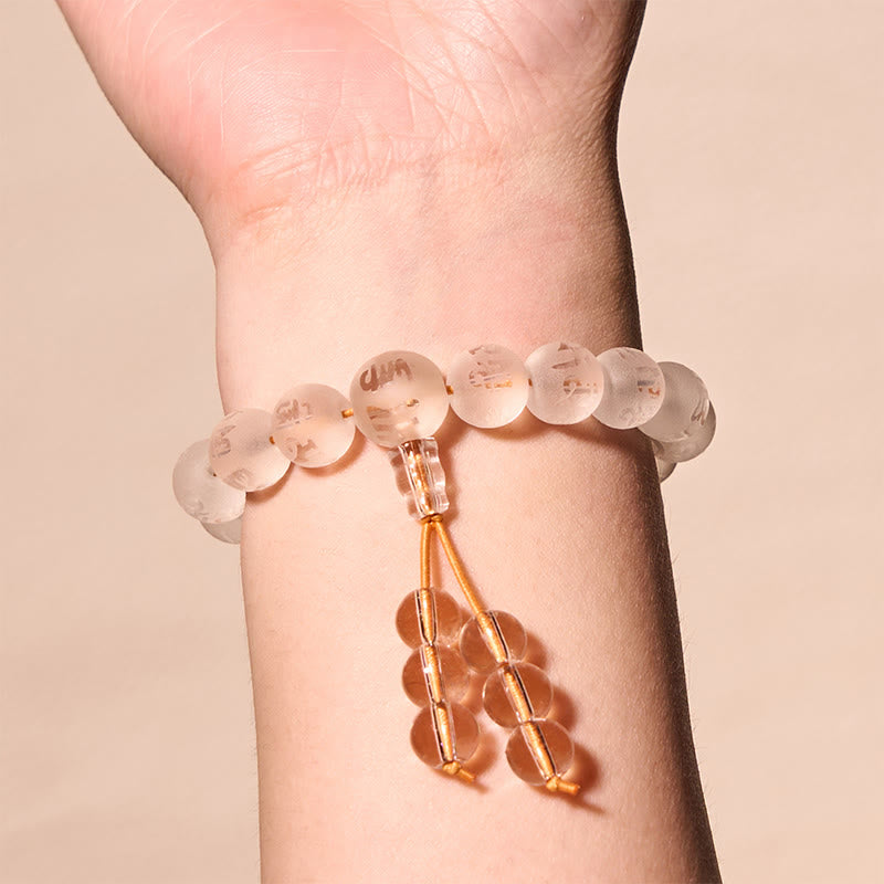 Pulsera de meditación Om Mani Padme Hum de ónix negro y cristal blanco del Tíbet Mythstone